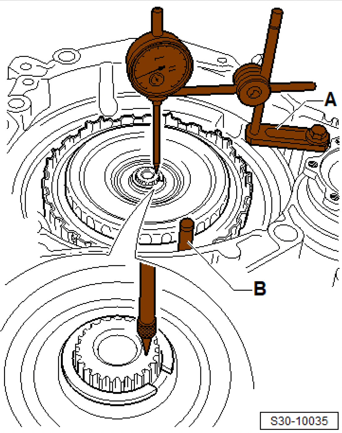 First 02E measurement with the dial gauge positioned on the gearbox drive shaft